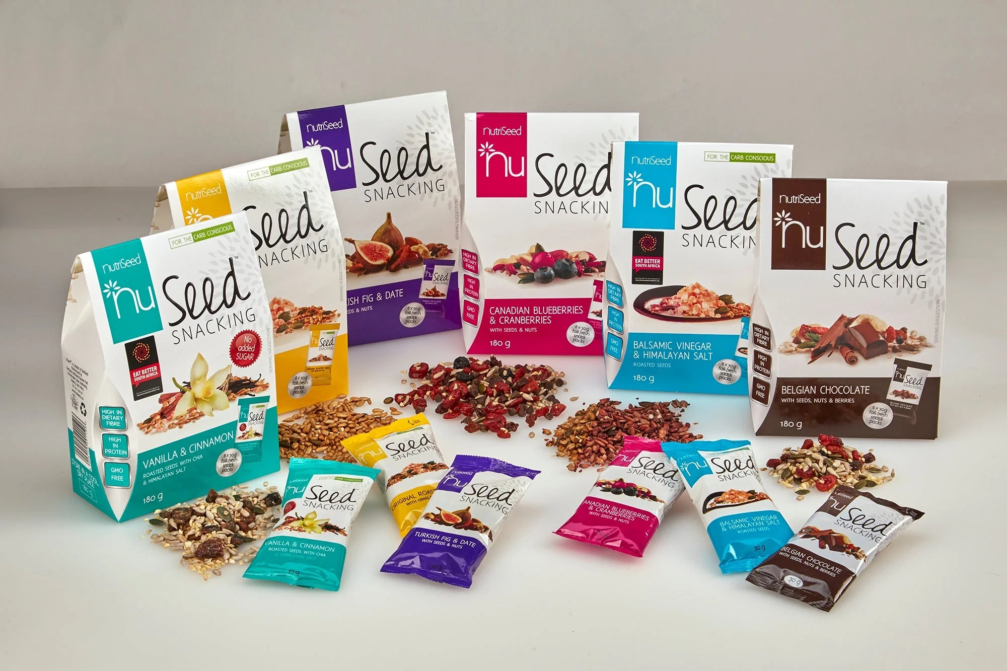 Nuseed Healthy Seed Snack Alternatives collection Balsamic Vinegar, Original Roasted Seeds, Vanilla and Chia Roasted Seeds, Trail mixes