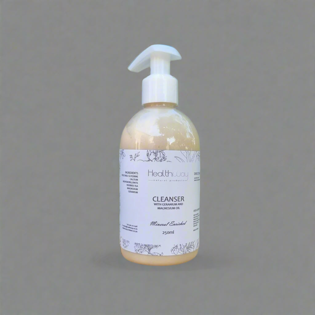 Bottle of Health and Beauty Cleanser on a light pink background